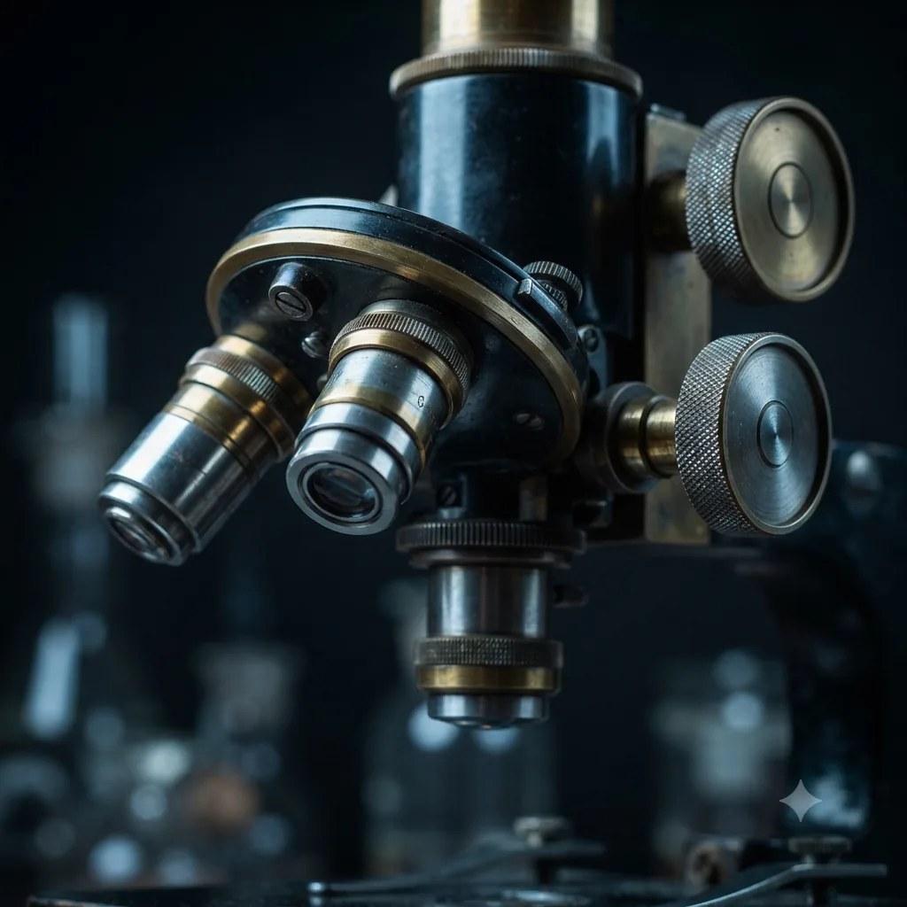 Close-up of a microscope's rotating nosepiece with two brass-and-steel objective lenses fitted, beside two large knurled focus knobs, against a dark background of blurred glassware.