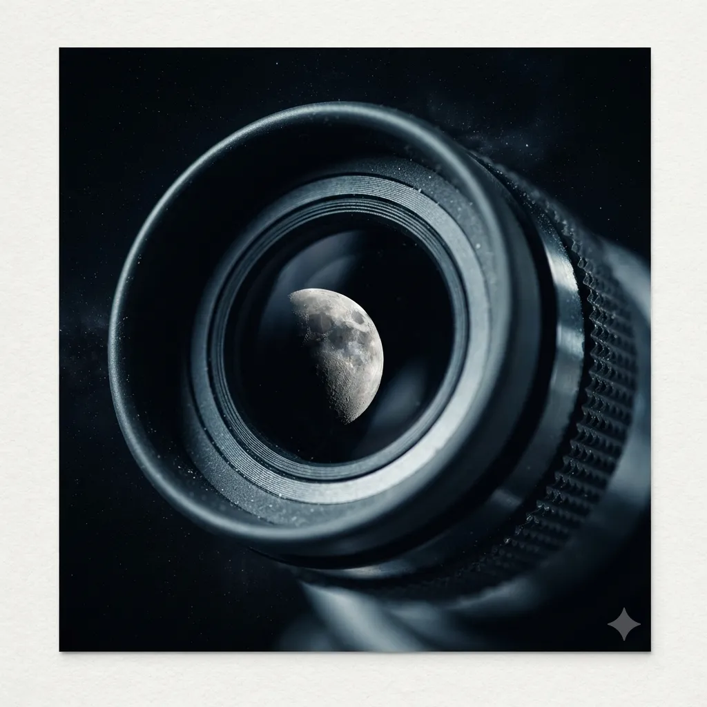 The Moon's cratered surface seen through a telescope eyepiece, framed by the dark circle of the optical tube.