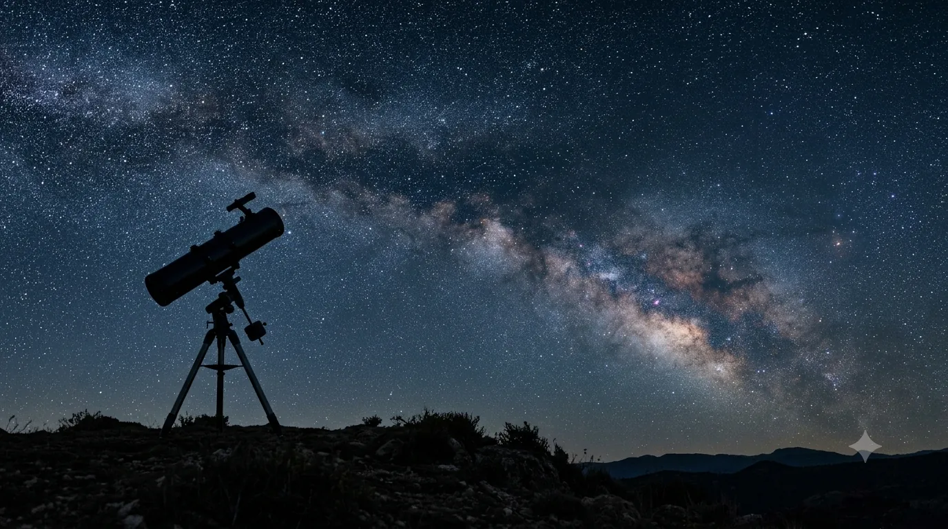 A reflector telescope on a tripod silhouetted on a rocky hilltop, with the Milky Way arching across a star-filled sky above distant hills.