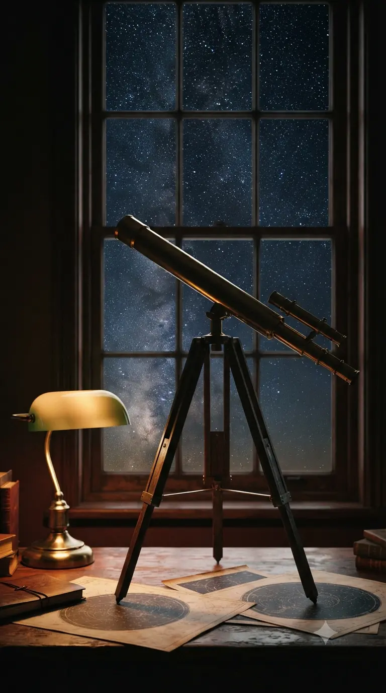 A small refractor telescope on a tripod by a tall apartment window at night, pointed up at a starry sky.